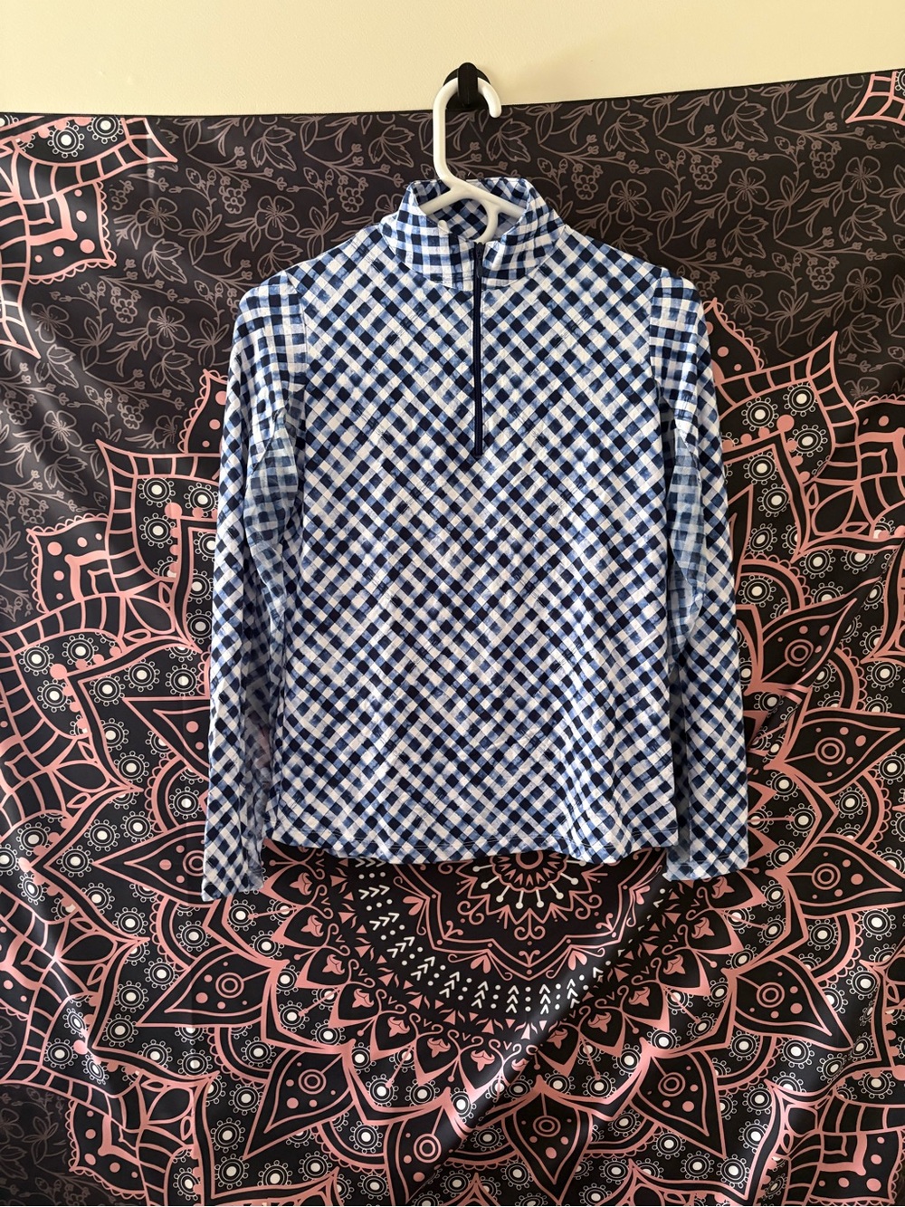 IBKUL Blue and White Gingham Long Sleeve Half-Zip Top